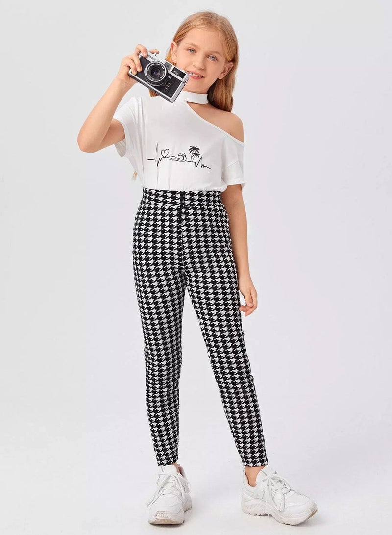 Girls Button Front Wide Waistband Houndstooth Skinny Pants  - Image 5