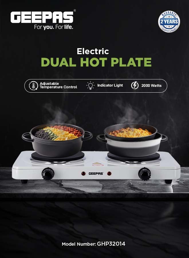 GEEPAS Dual Hot Plate | Overheat protection | Cast Iron Heating Plate 155mm - Portable Electric Hob with Temperature Control for Home, Camping & Caravan Cooking, Suitable For All Types Of Cookware 2000 W GHP32014 White/Black - Image 2