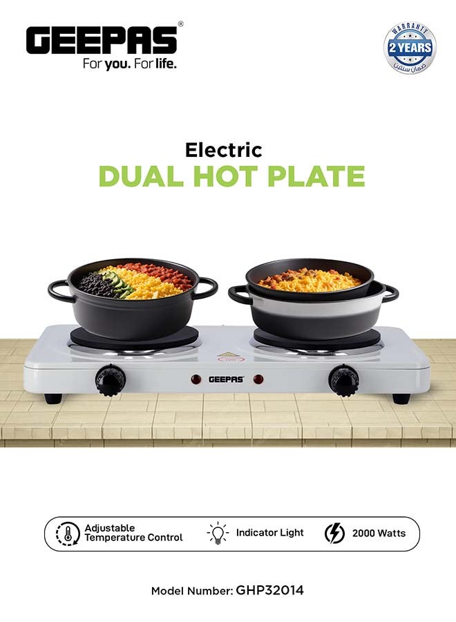 GEEPAS Dual Hot Plate | Overheat protection | Cast Iron Heating Plate 155mm - Portable Electric Hob with Temperature Control for Home, Camping & Caravan Cooking, Suitable For All Types Of Cookware 2000 W GHP32014 White/Black - Image 1