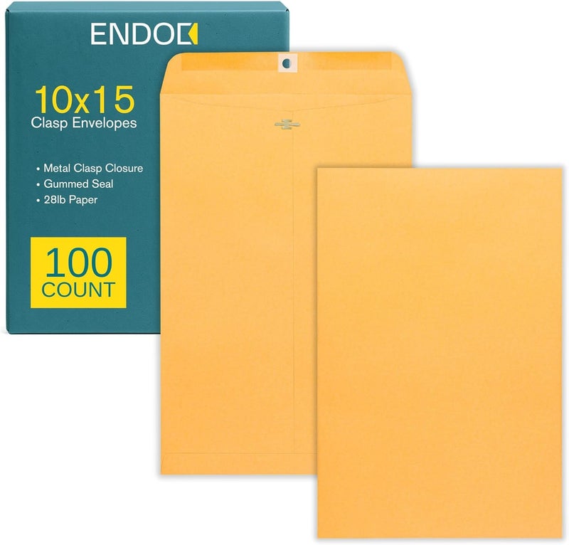 EnDoc 10 x 15 Clasp Envelopes - 100 Pack Brown Kraft Catalog Mailing Gummed Seal Envelope - 28lb Heavyweight 10x15 Inches Manila Envelopes for Home, Office, Business, Legal or School - Image 1