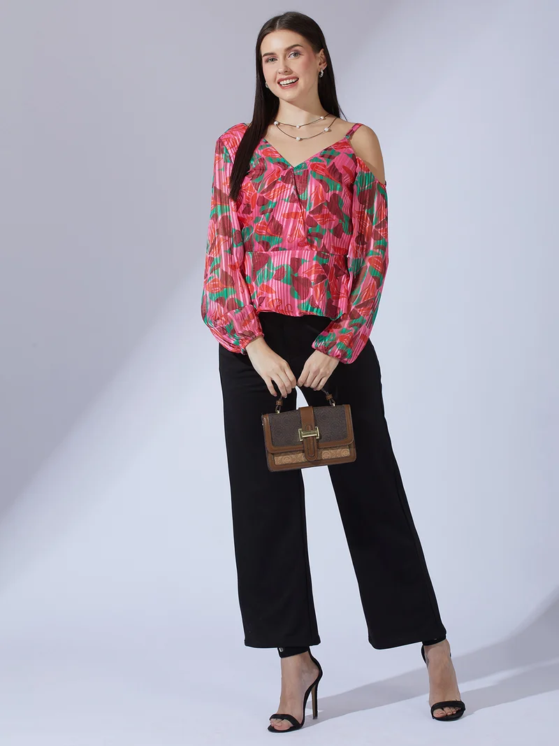globus Women Pink Abstract Print V-Neck One Shoulder Bishop Sleeves Peplum Party Top