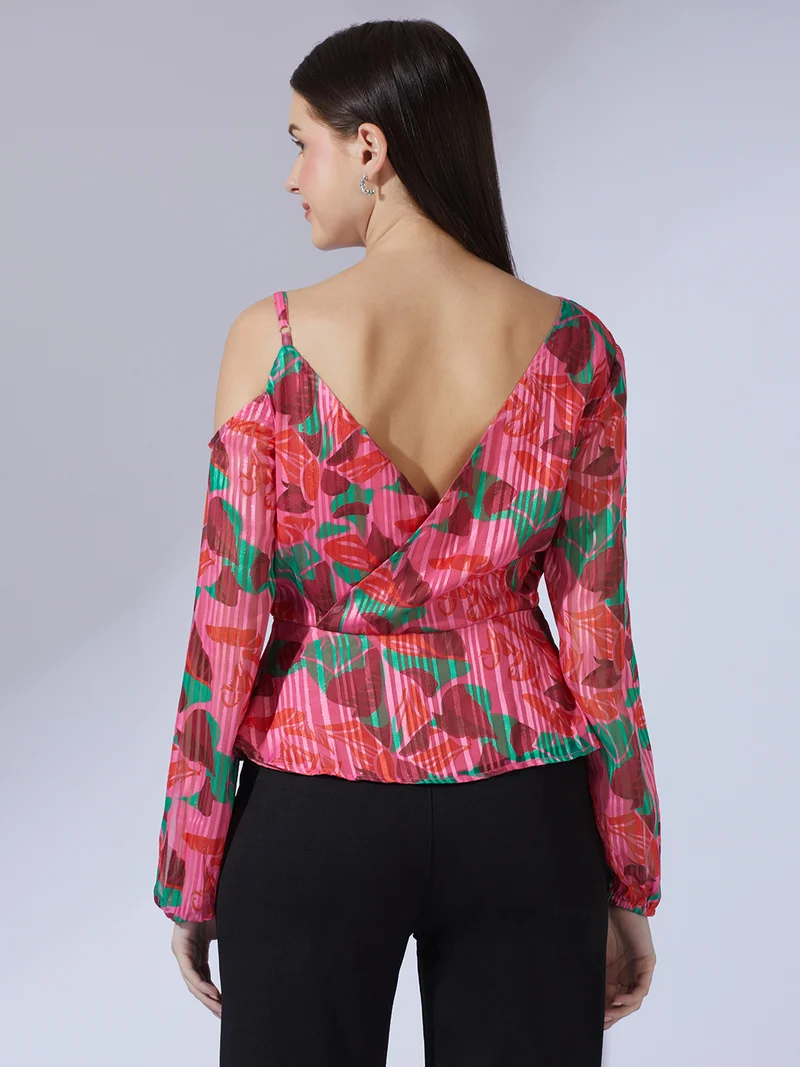 globus Women Pink Abstract Print V-Neck One Shoulder Bishop Sleeves Peplum Party Top