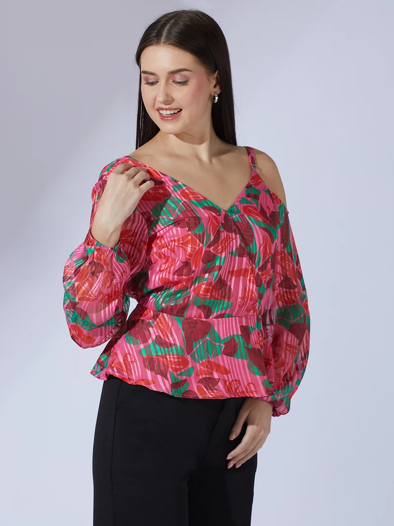 globus Women Pink Abstract Print V-Neck One Shoulder Bishop Sleeves Peplum Party Top