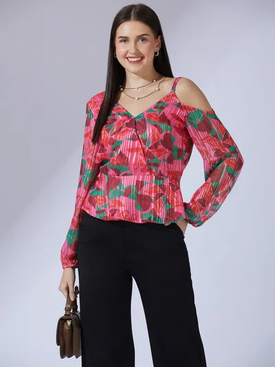 globus Women Pink Abstract Print V-Neck One Shoulder Bishop Sleeves Peplum Party Top