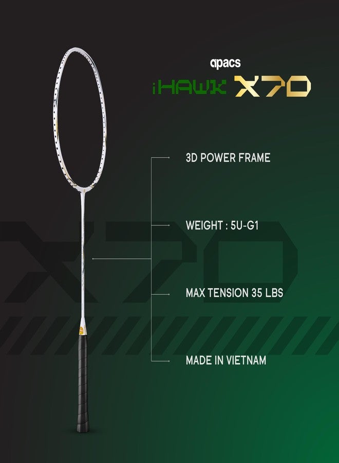أباك مضرب تنس الريشة Apacs iHawk X70 (بدون أوتار) مصنوع بالكامل من الجرافيت وألياف الكربون فائقة القوة (75-79 غرام) | أقصى شد 35 رطلاً | إطار ثلاثي الأبعاد | صنع في فيتنام، مضرب تنس ريشة بغطاء كامل (أبيض) (متعدد الاستخدامات) - Image 3