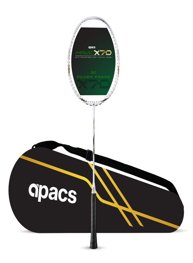 أباك مضرب تنس الريشة Apacs iHawk X70 (بدون أوتار) مصنوع بالكامل من الجرافيت وألياف الكربون فائقة القوة (75-79 غرام) | أقصى شد 35 رطلاً | إطار ثلاثي الأبعاد | صنع في فيتنام، مضرب تنس ريشة بغطاء كامل (أبيض) (متعدد الاستخدامات) - Image 1