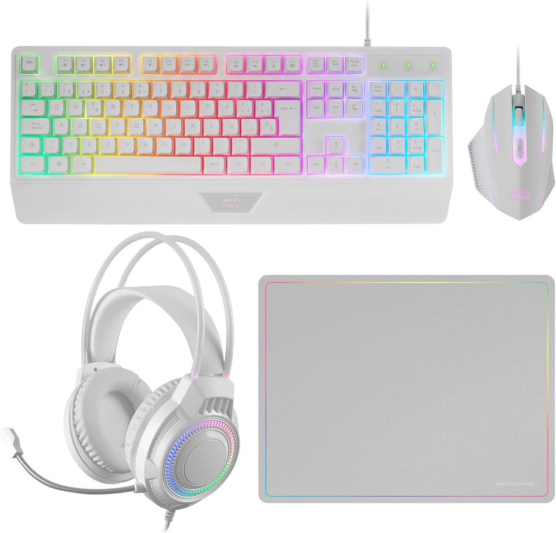 MARS GAMING MCP124PRO, Gaming Combo 4-in-1, RGB H-Mech Keyboard with Wrist Rest, RGB Mouse 3200DPI HUANO Switch, FRGB Headset, Nanotextile Mouse Pad 36 x 26 cm, Multiplatform, French, White - Image 1