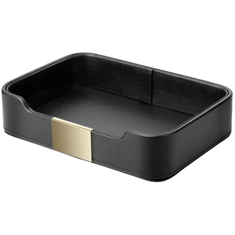 SANZIE SANZIE Luxury Leather Tray Desktop Storage Catchall Organizer Decorative Tray for Entryway Table to Hold Jewelry Watch Keys Phone Wallet Metal Glided Black