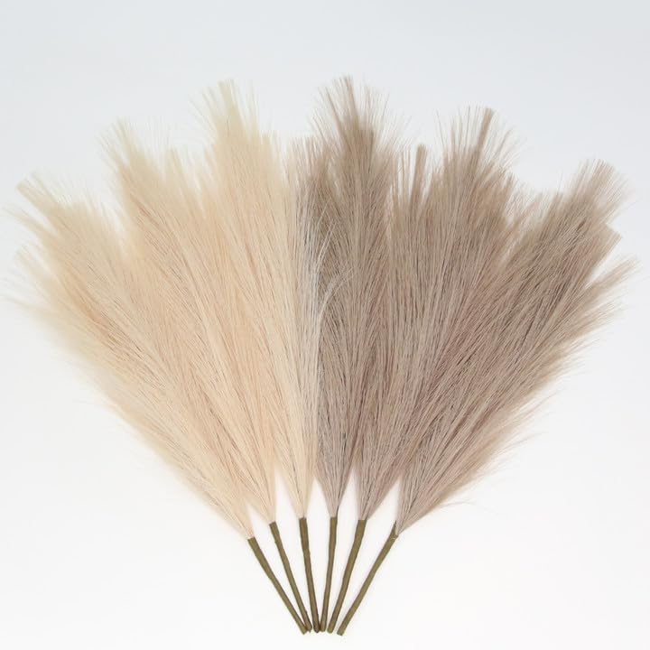 ZIFTY Faux Pampas Grass Decor 6Pcs 17 Fluffy Artificial Pompous Grass Short Pompas Boho Decor Fake Flower Bulrush Reed Grass for Vase Filler Farmhouse Home Wedding Fall DecorationsBeigeTaupe