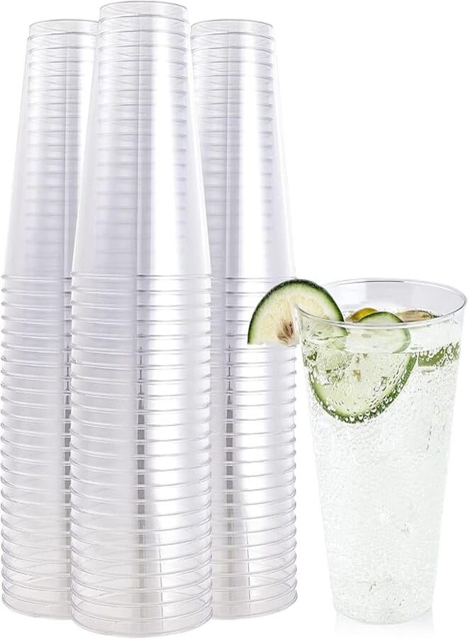 FOCUSLINE 100 Pack 14 oz Clear Plastic Cups, Disposable Cups Large Reusable Plastic Tumblers, Heavy-duty Clear Hard Plastic Cups Tumblers for Wedding Party, Thanksgiving, Halloween, Christmas