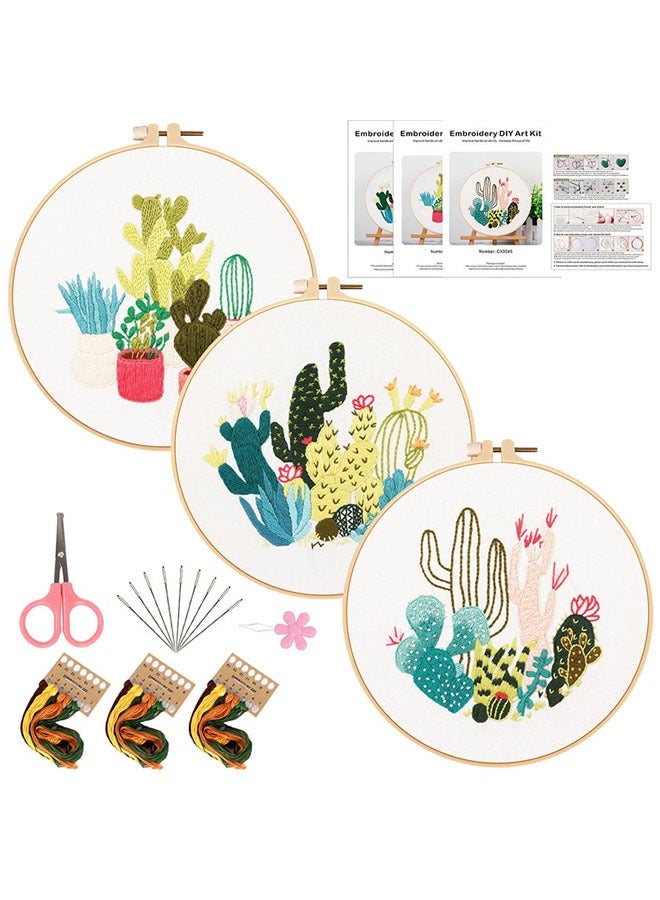 Generic 3 Sets Embroidery Starter Kit with Patterns and Instructions Cactus Cross Stitch Set for Beginners DIY Adult Kids Beginner Cross Stitch Set with Cactus Pattern Embroidery Hoops Needles Threads  - Image 1