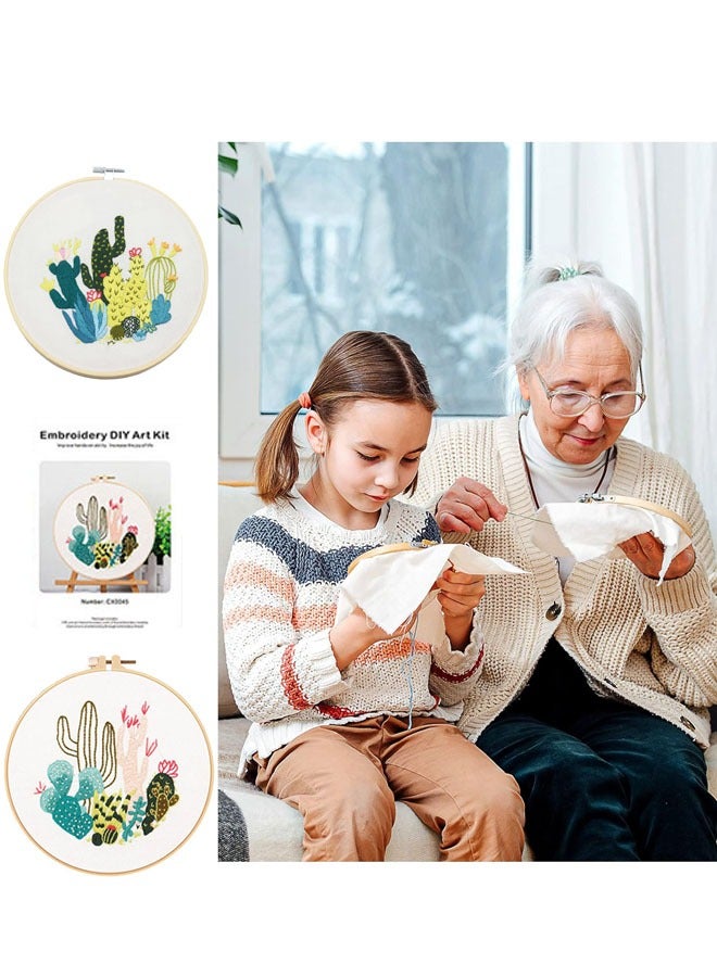 Generic 3 Sets Embroidery Starter Kit with Patterns and Instructions Cactus Cross Stitch Set for Beginners DIY Adult Kids Beginner Cross Stitch Set with Cactus Pattern Embroidery Hoops Needles Threads  - Image 3