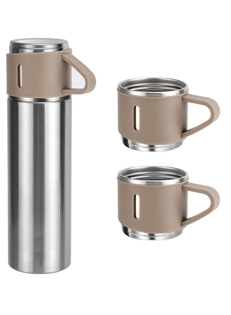TIGER 500ml Stainless Steel Vacuum Thermos Flask with Silicone Handle – Insulated Water Set with 2 Stainless Steel Cups for Hot & Cold Drinks – Ideal for Outdoor Travel, Camping, Hiking | Gift Box Set (2 PACK) SILVER BEIGE - Image 1