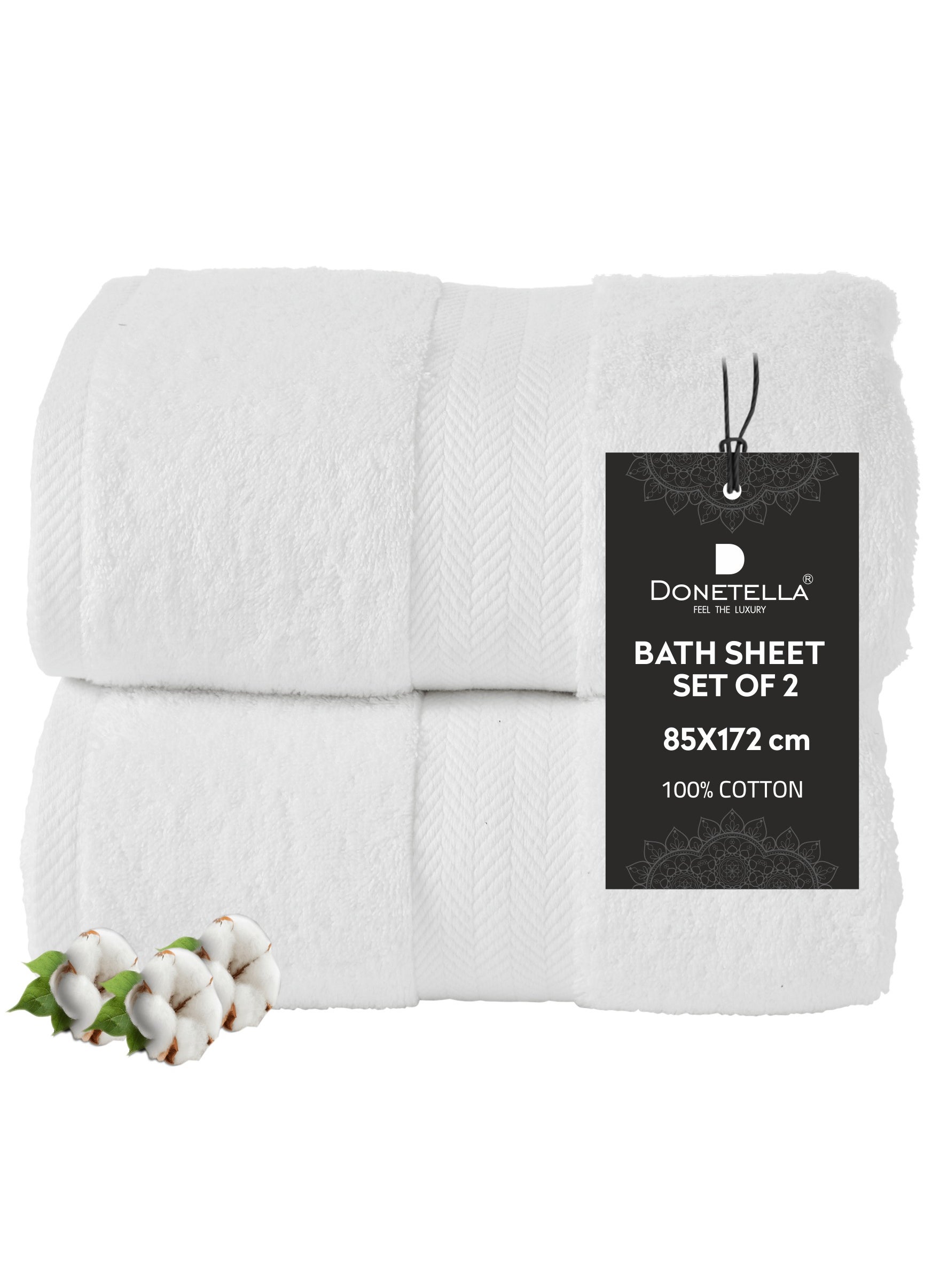 Donetella Premium 100 % Combed Cotton 2-Pcs Bath Sheet Set (85 X 172 CM) 600 GSM Large Towel, Highly Absorbent, Quick Dry,Best Towel for Bathroom, Spa And Hotel,White 