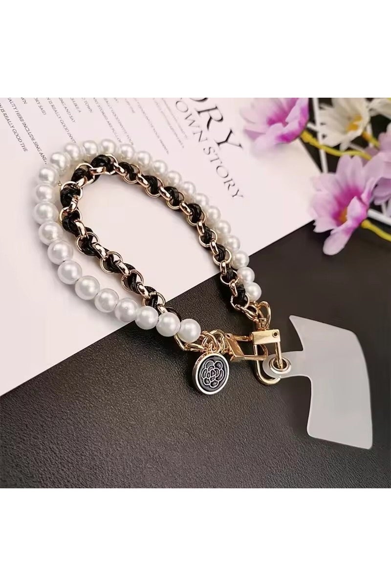 Black 1Pc DY Leather Pearl Camellia Mobile Phone Charm Bracelet Chain Anti-lost Universal Cell Phone