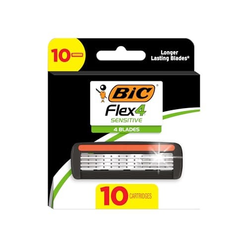 BIC Flex 4 Refillable Razors for Men LongLasting 4 Blade Razor Refills for Sensitive Skin 10 Razor Cartridges - Image 1
