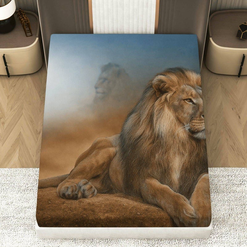 1pc Mixed Colors Fitted Sheet Featuring A Lion Design Breathable And Soft Mattress Protector For King Size Bed 79.92 By 77.95 Inches Perfect For Safari Themed Bedroom Guest Room - Image 1