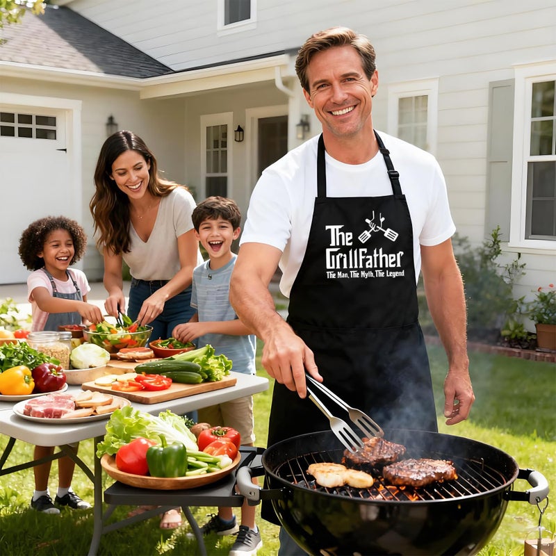 Kaidouma Funny Grill Aprons for Men - The Grillfather - Menâ€™s Funny Chef Cooking Grilling BBQ Apron with 2 Pockets - Birthday Father's Day Christmas Gifts for Dad, Step Dad, Father in Law, Husband - Image 2