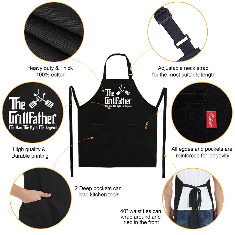 Kaidouma Funny Grill Aprons for Men - The Grillfather - Menâ€™s Funny Chef Cooking Grilling BBQ Apron with 2 Pockets - Birthday Father's Day Christmas Gifts for Dad, Step Dad, Father in Law, Husband - Image 3