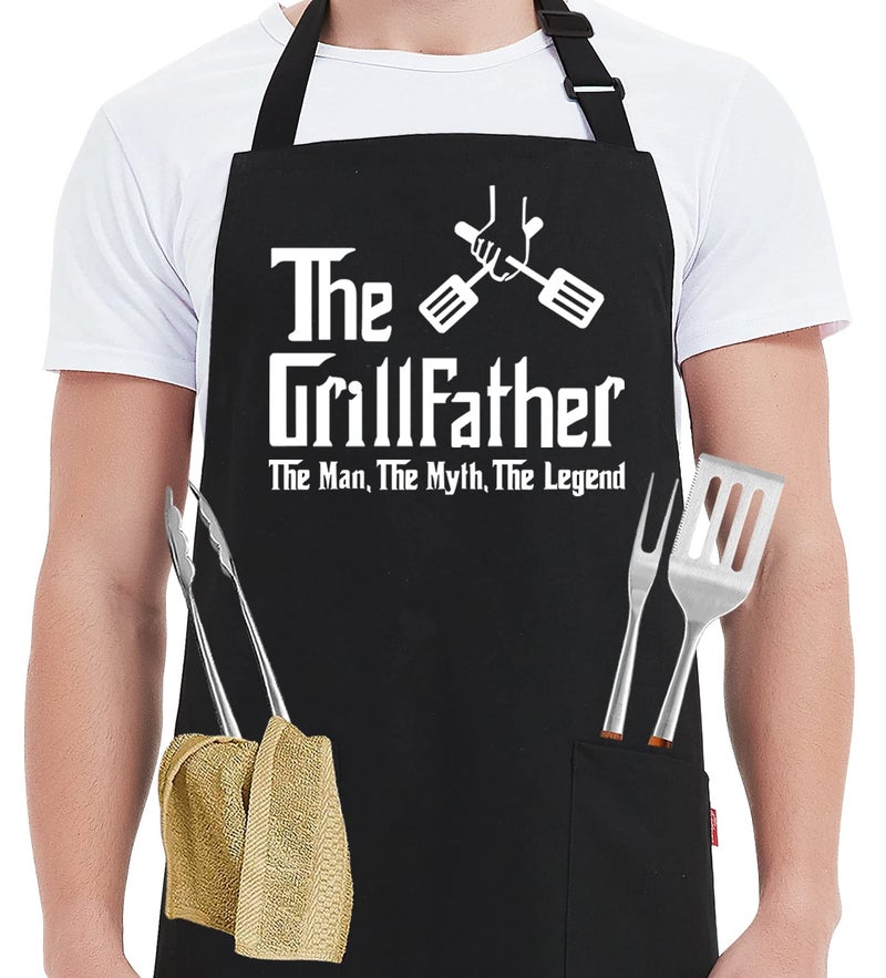 Kaidouma Funny Grill Aprons for Men - The Grillfather - Menâ€™s Funny Chef Cooking Grilling BBQ Apron with 2 Pockets - Birthday Father's Day Christmas Gifts for Dad, Step Dad, Father in Law, Husband - Image 1