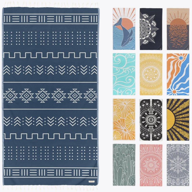 FESHKA Sand Free Turkish Beach Towel 37 x 67 Quick Dry Bath Towel Oversized Beach Blanket Lightweight for Travel  Made with 100 Organic Turkish Cotton  Pathfinder Dark Blue