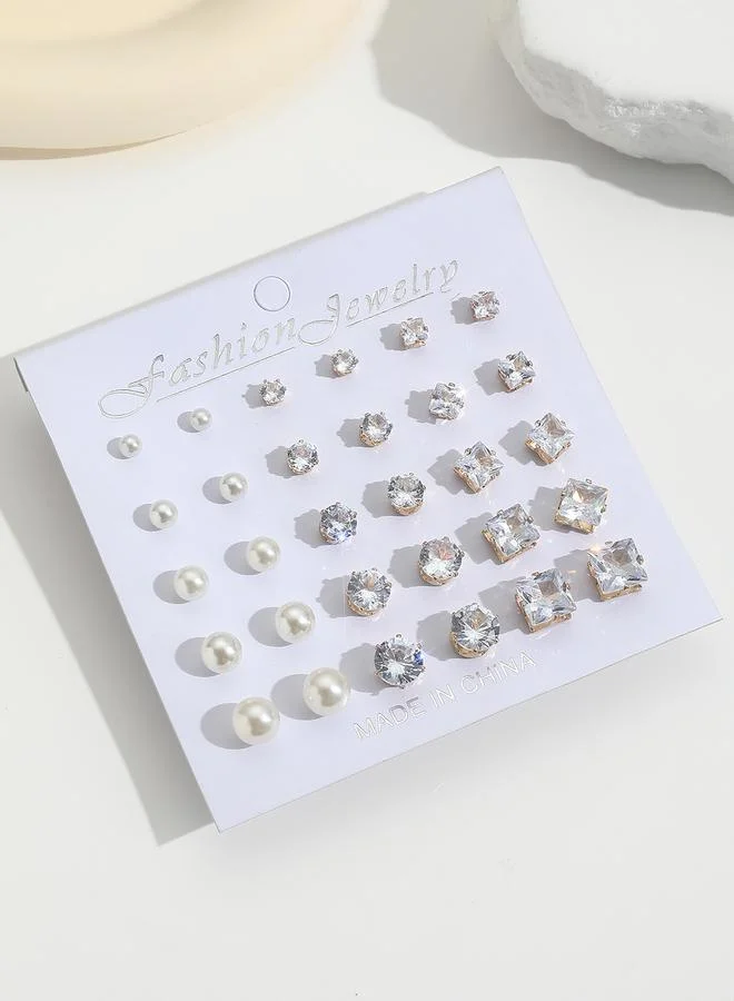 Take Two Take Two Set of 15 - Faux Pearl Rhinestones Earrings