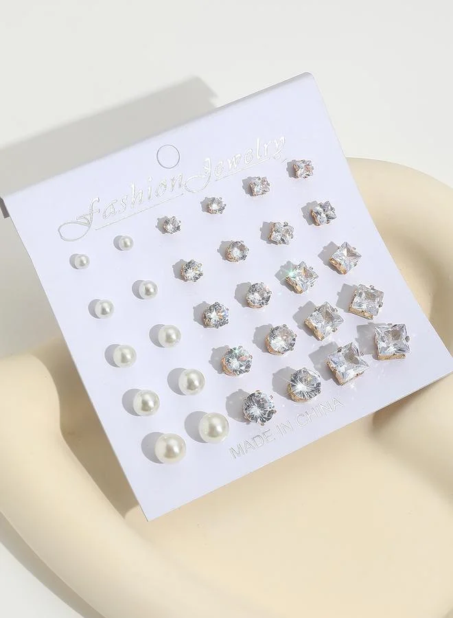 Take Two Take Two Set of 15 - Faux Pearl Rhinestones Earrings