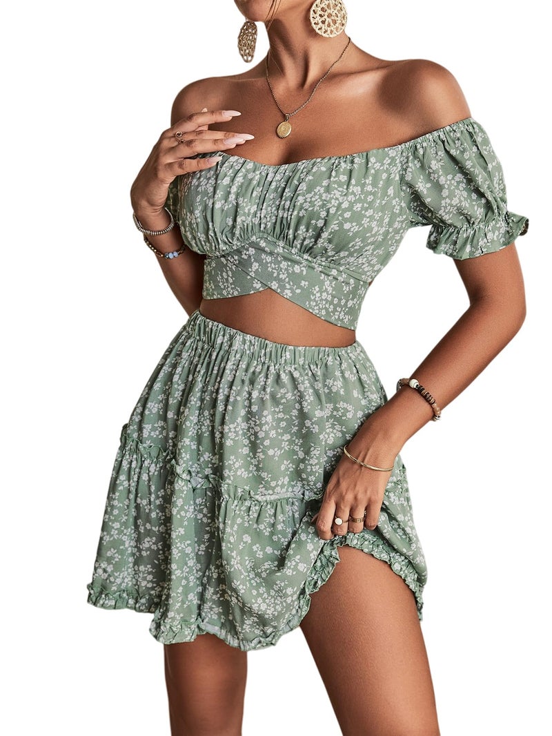 LYANER Women's 2 Piece Outfits Floral Off Shoulder Tie Up Crop Top and Mini Skirt Set Green Small - Image 1