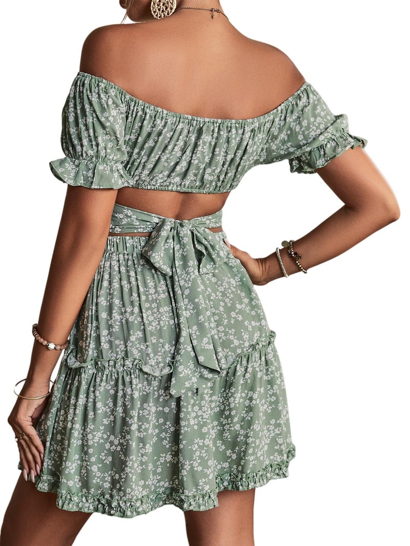 LYANER Women's 2 Piece Outfits Floral Off Shoulder Tie Up Crop Top and Mini Skirt Set Green Small - Image 2