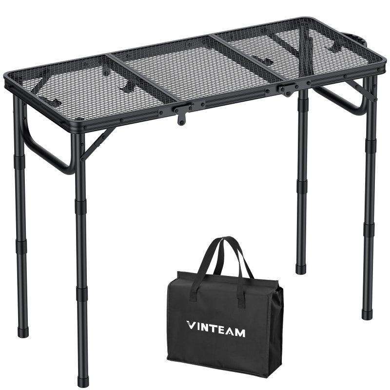 VINTEAM Folding Grill Table with Mesh Top, 3 Adjustable Heights, Lightweight Portable Camping Table, Black Aluminum Alloy BBQ Picnic Table for Outdoor Cooking, Tailgating, Beach, RV & Backyard - Image 1