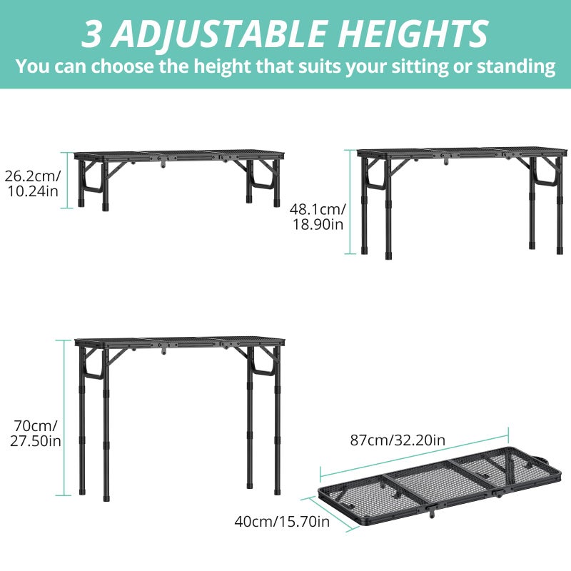 VINTEAM Folding Grill Table with Mesh Top, 3 Adjustable Heights, Lightweight Portable Camping Table, Black Aluminum Alloy BBQ Picnic Table for Outdoor Cooking, Tailgating, Beach, RV & Backyard - Image 4