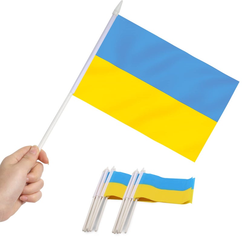 Anley Ukraine Mini Flag 12 Pack Hand Held Small Miniature Ukrainian Flags on Stick Fade Resistant Vivid Colors 5x8 Inch with Solid Pole Spear Top - Image 2