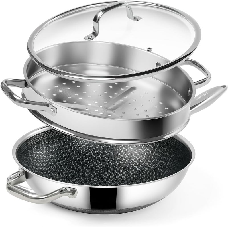 SLOTTET Hybrid 12-Inch Wok with Steamer,Nonstick Stainless Steel Woks & Stir-fry pans with Lid,Stay-Cool Handle,PFOA Free Cookware,Dishwasher and Oven Safe, Works on Induction - Image 1