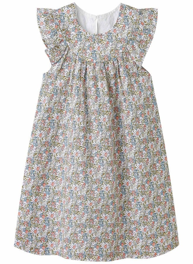 بيور بورن فستان صيفي أنيق بأكمام مكشكشة من القطن، مناسب للفتيات الصغيرات من عمر 3-4 سنوات، متوفر بألوان بيج فاتح، وردي، وأزرق بنقشة زهور. - Image 1