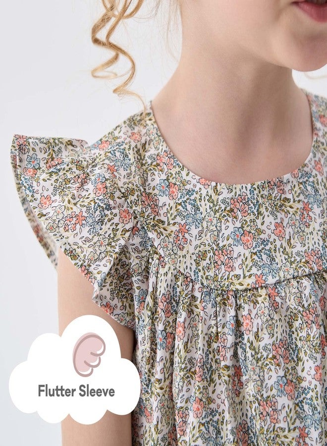 بيور بورن فستان صيفي أنيق بأكمام مكشكشة من القطن، مناسب للفتيات الصغيرات من عمر 3-4 سنوات، متوفر بألوان بيج فاتح، وردي، وأزرق بنقشة زهور. - Image 5