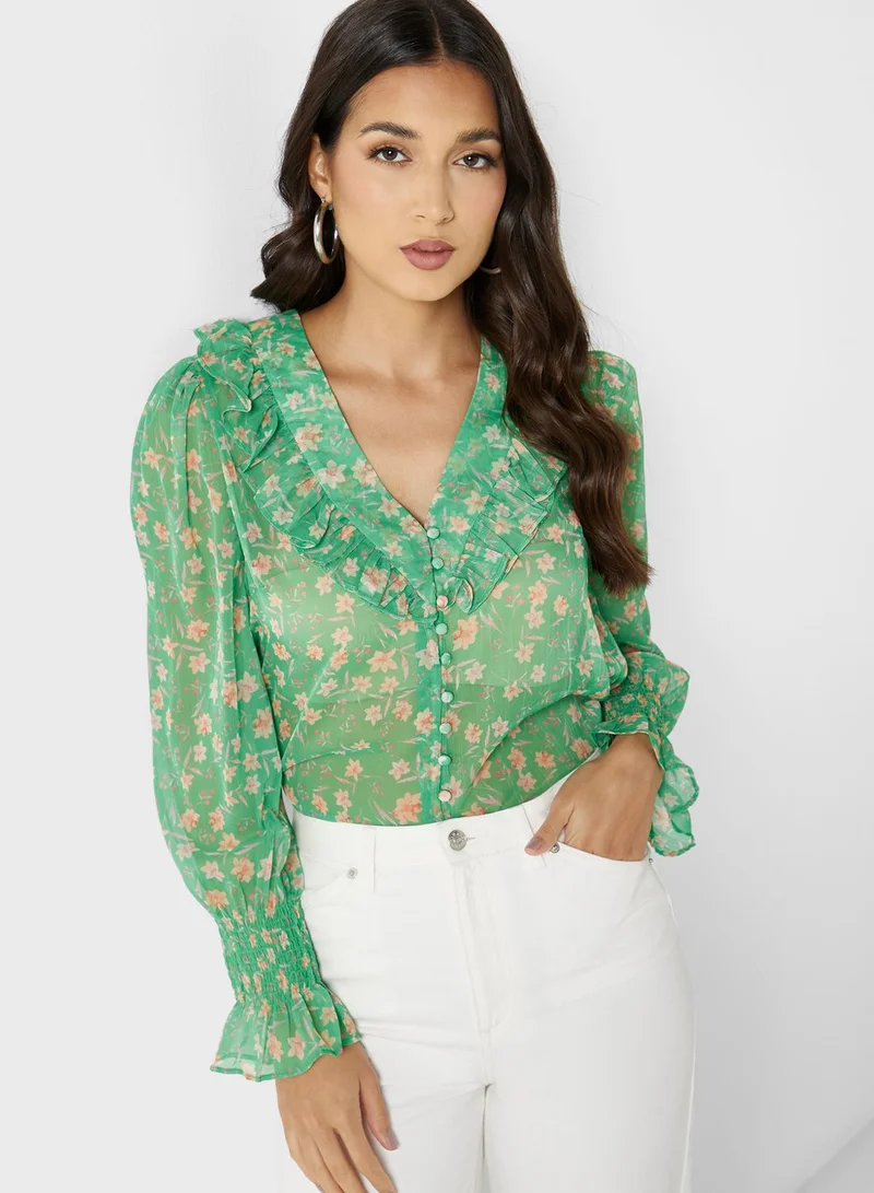 French Connection Ruffle Detail Printed Top