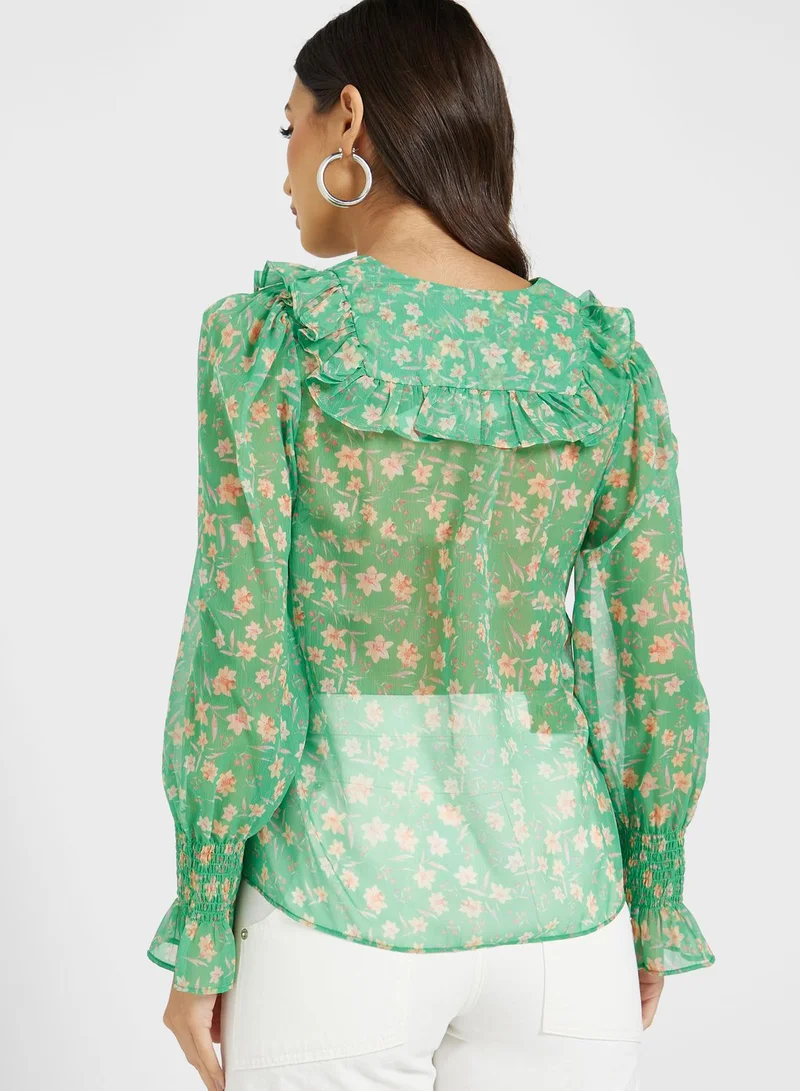 French Connection Ruffle Detail Printed Top