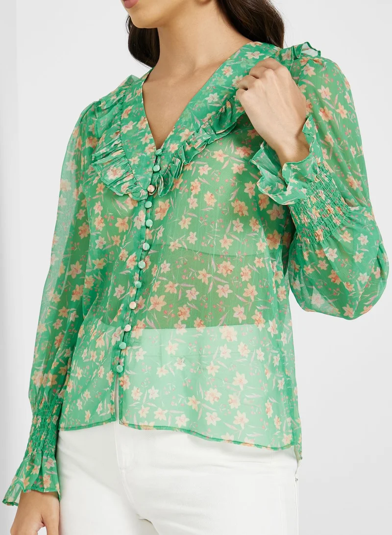 French Connection Ruffle Detail Printed Top