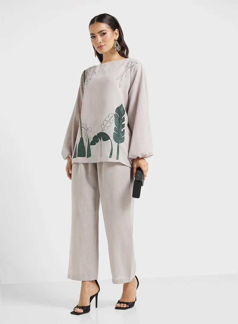 hayas closet Embroidered Blouse & Pants Set
