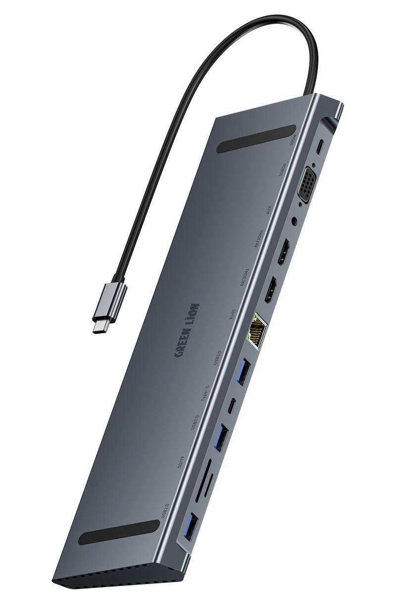 GREEN LION 12 in 1 USB-C Hub with Dual 4K HDMI Ports & 100 Mbps Fast Ethernet / PD 100W Fast Charging Type-C Port / 3 USB-A Ports / VGA Port / 3.5mm Audio Jack / SD & TF Card Input / Aluminum Alloy Material / 5Gbps Data Transfer - Grey - Image 1