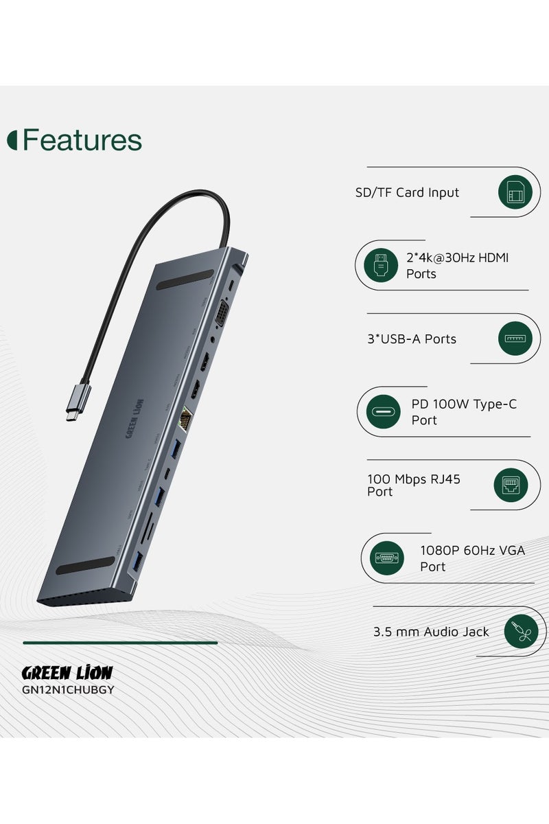 GREEN LION 12 in 1 USB-C Hub with Dual 4K HDMI Ports & 100 Mbps Fast Ethernet / PD 100W Fast Charging Type-C Port / 3 USB-A Ports / VGA Port / 3.5mm Audio Jack / SD & TF Card Input / Aluminum Alloy Material / 5Gbps Data Transfer - Grey - Image 2