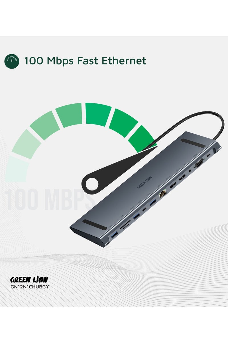 GREEN LION 12 in 1 USB-C Hub with Dual 4K HDMI Ports & 100 Mbps Fast Ethernet / PD 100W Fast Charging Type-C Port / 3 USB-A Ports / VGA Port / 3.5mm Audio Jack / SD & TF Card Input / Aluminum Alloy Material / 5Gbps Data Transfer - Grey - Image 5