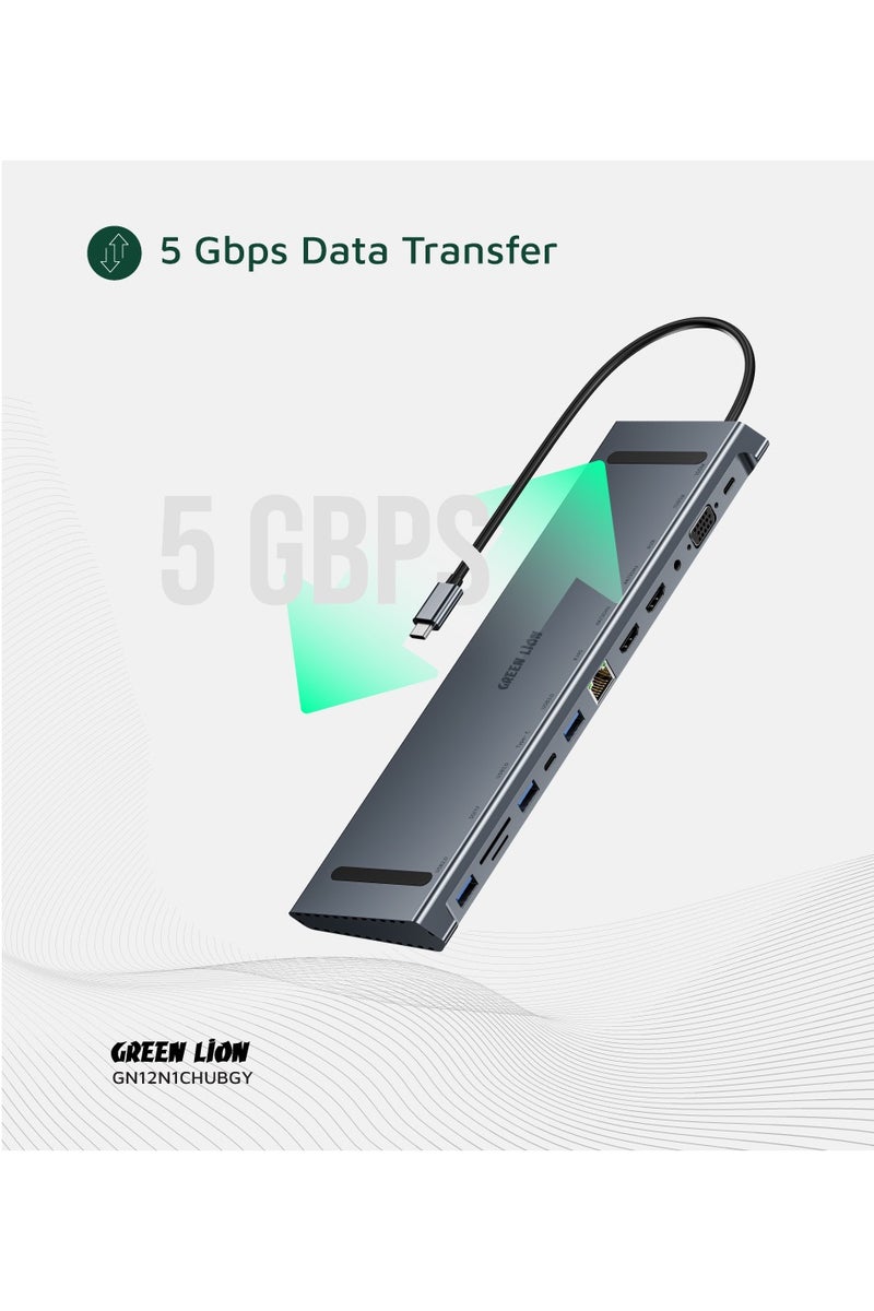 GREEN LION 12 in 1 USB-C Hub with Dual 4K HDMI Ports & 100 Mbps Fast Ethernet / PD 100W Fast Charging Type-C Port / 3 USB-A Ports / VGA Port / 3.5mm Audio Jack / SD & TF Card Input / Aluminum Alloy Material / 5Gbps Data Transfer - Grey - Image 4