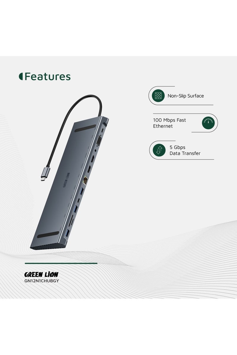 GREEN LION 12 in 1 USB-C Hub with Dual 4K HDMI Ports & 100 Mbps Fast Ethernet / PD 100W Fast Charging Type-C Port / 3 USB-A Ports / VGA Port / 3.5mm Audio Jack / SD & TF Card Input / Aluminum Alloy Material / 5Gbps Data Transfer - Grey - Image 3