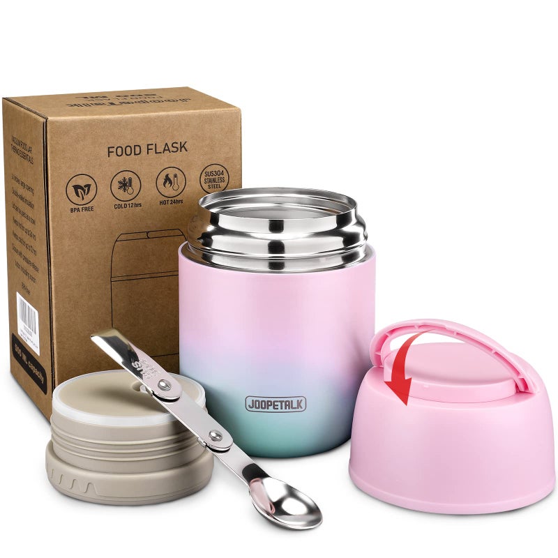 JOOPETALK 17 oz Insulated Lunch Containers Hot Food Jar Wide Mouth Lunch Thermo for Kids Adults Vacuum Stainless Steel Lunch Box With Handle Folding Spoon for School Office BluePink