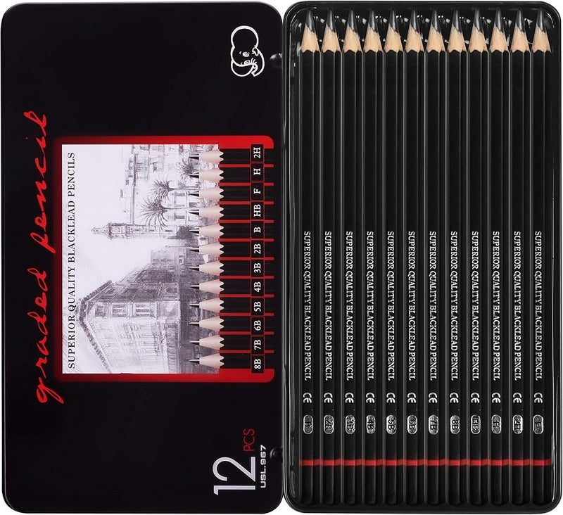 ABOUT SPACE Artist Pencil for Sketching Drawing Art Pack of 12 with Metal Case B 2B 3B 4B 5B 6B 7B 8B HB H 2H F - Image 1