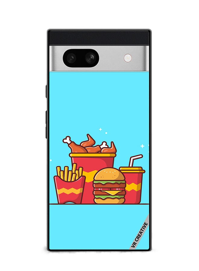 VR CREATIVE Protective Case Cover For Google Pixel 7a Burger With Fried Chicken, French Fries And Soda Cartoon Design Multicolour - Image 1