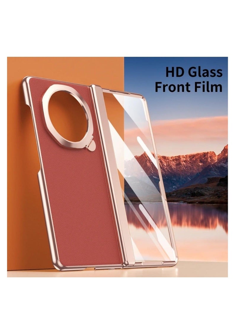 Generic - Case Compatible with Honor Magic V3 Case, [Built-in Screen Protector] Plating Frame Plain Leather Lens Kickstand All-inclusive Hinge Protective Cover - Image 1