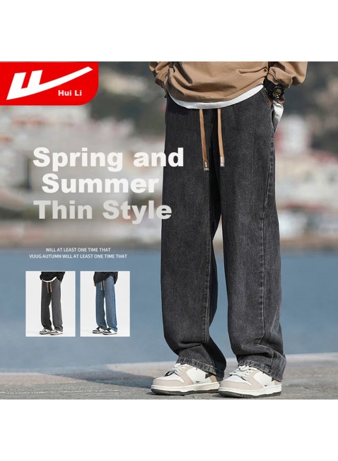 Pull Back Huili Men's Spring And Summer Cool American Retro Straight-leg Jeans Loose Casual Long Pants Black Gray 3XL - Image 2