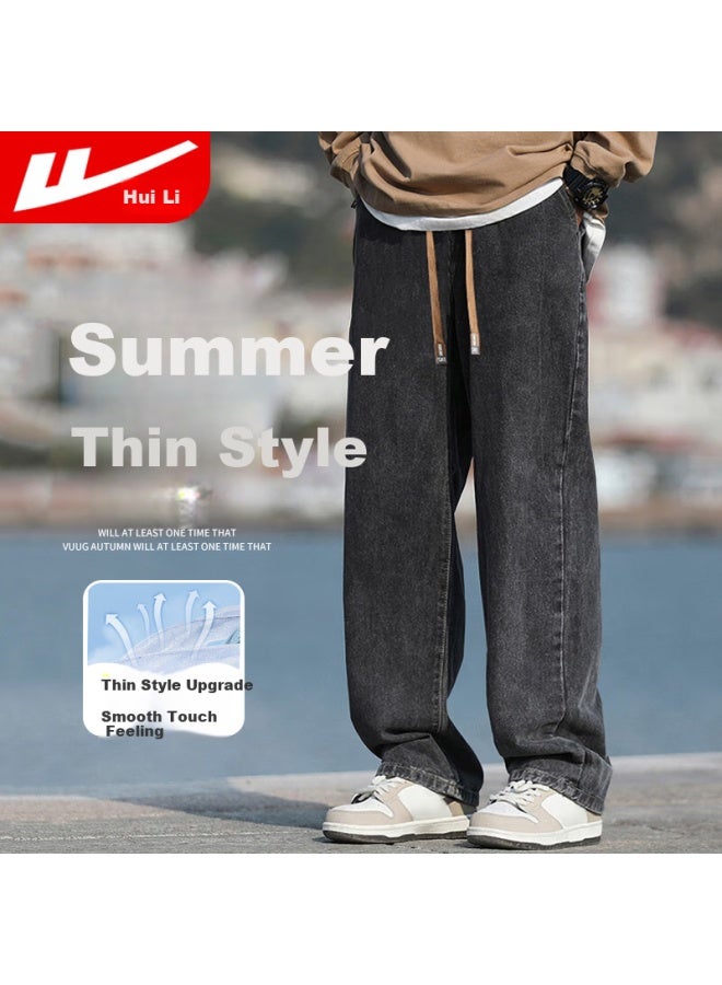 Pull Back Huili Men's Spring And Summer Cool American Retro Straight-leg Jeans Loose Casual Long Pants Black Gray 3XL - Image 1